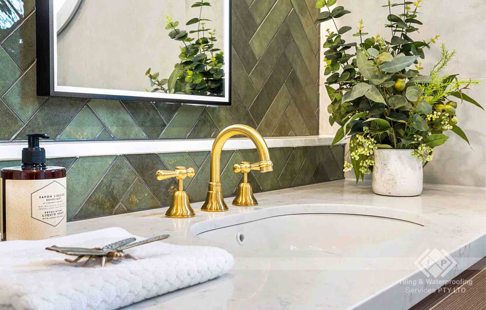 Contemporary bathroom mosaic tile layout installation