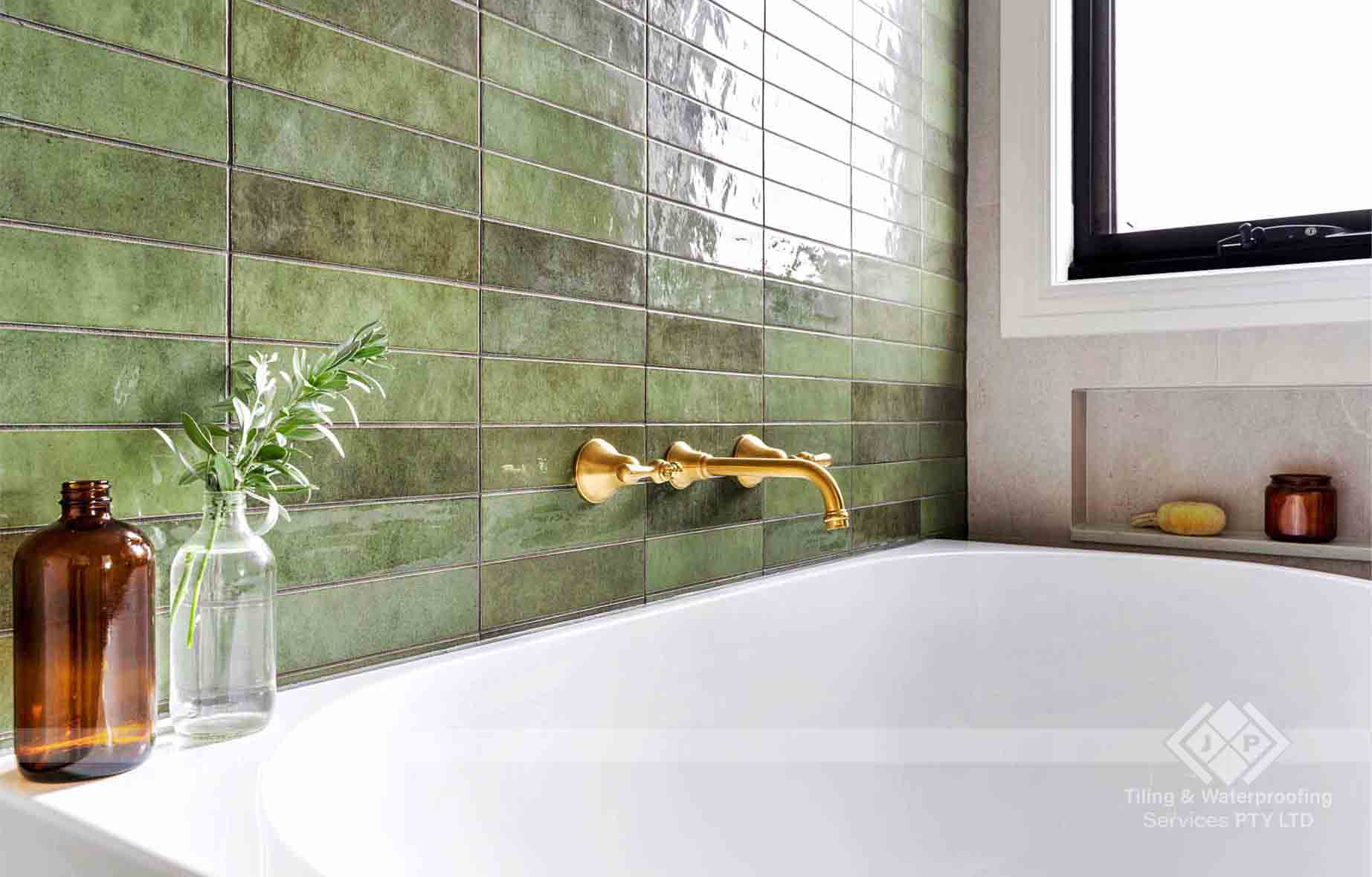 Modern bathroom mosaic tile backsplash installation